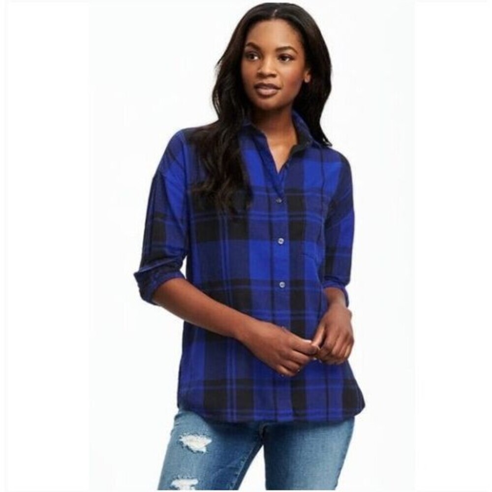 Old Navy The Boyfriend Flannel Shirt Women's Size XL Plaid Black Blue
